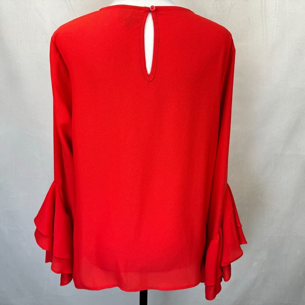 Who Wear What Top Sz M Red Front Pleated Boat Neck Long Fluted Sleeve
