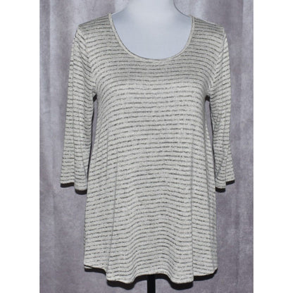 A women's three-quarter sleeve knit top with a scoop neckline, featuring a textured horizontal stripe pattern in light gray and white, displayed on a mannequin against a gray backdrop.