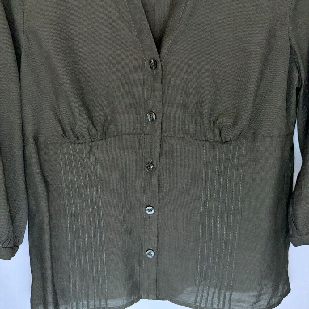 Christopher & Banks Blouse Sz PM Dark Sage button up 3/4 sleeve peplum pleated