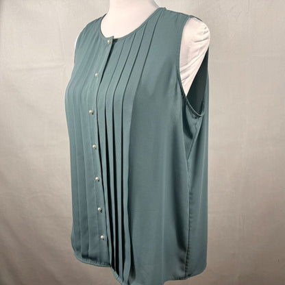 Karl Lagerfeld Blouse Sz M Sheer Green Round Neck Pleated Front Button down
