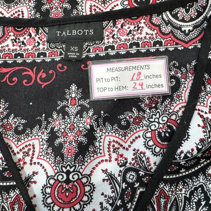 Talbots Blouse Sz XS V-Neck Cap Sleeve Red & Black Paisley Print Side Slits