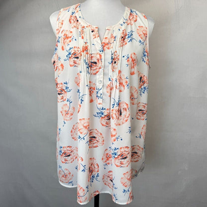 Pale Sky Ladies Sheer Top Sz S White Floral Split Neck Pleated Sleeveless