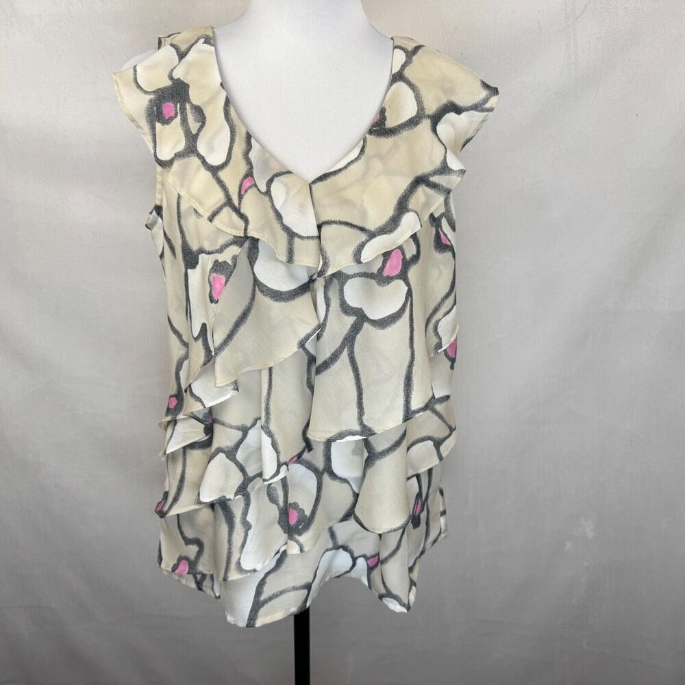 Loft Ann Taylor Beige Top Sz S Ruffled Layers Gray Pink Print VNeck Sleeveless