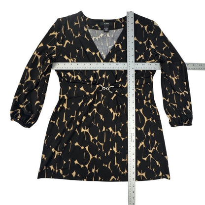 Alfani Faux Wrap Stretch Top S Black Tan Abstract Print Metal Link Ruched back