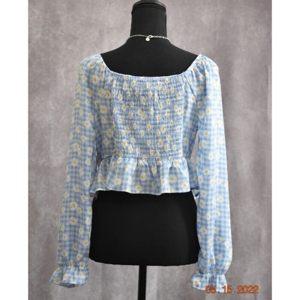 Crave Fame Blouse Women Sz L Style Peri Combo Light Blue Plaid Floral NWT