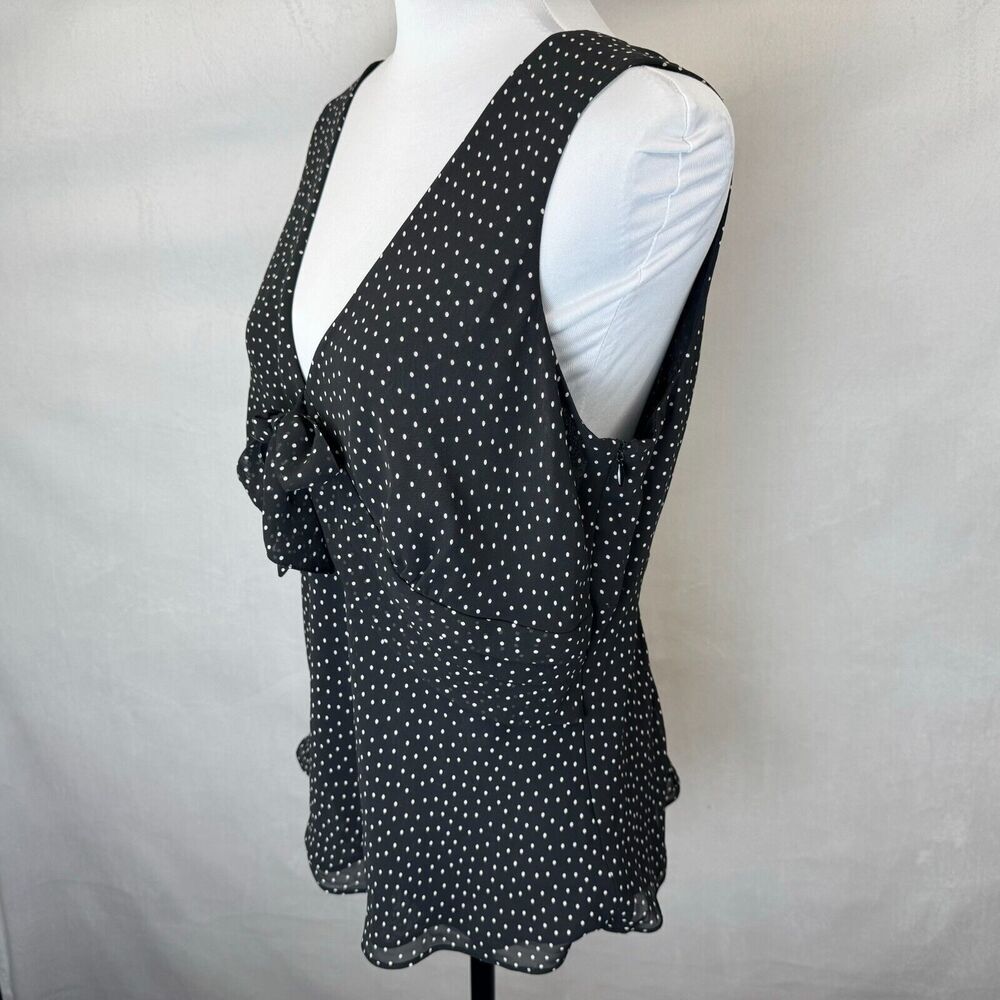 LOFT Women Blouse Sz 14P Black Beige Polka Dot Sleeveless VNeck