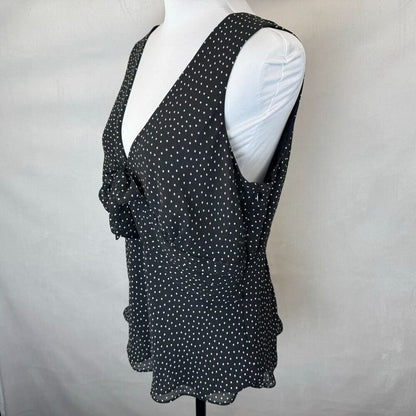 LOFT Women Blouse Sz 14P Black Beige Polka Dot Sleeveless VNeck