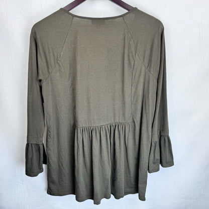 Blusa J Jill Talla M Verde con Flores Bordadas, Borlas, Estilo Campesino, Peplum y Mangas Acampanadas