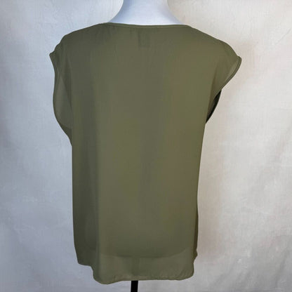 Forever 21 Women Top Sz M Sheer Olive Green Round Neck Sleeveless Pullover