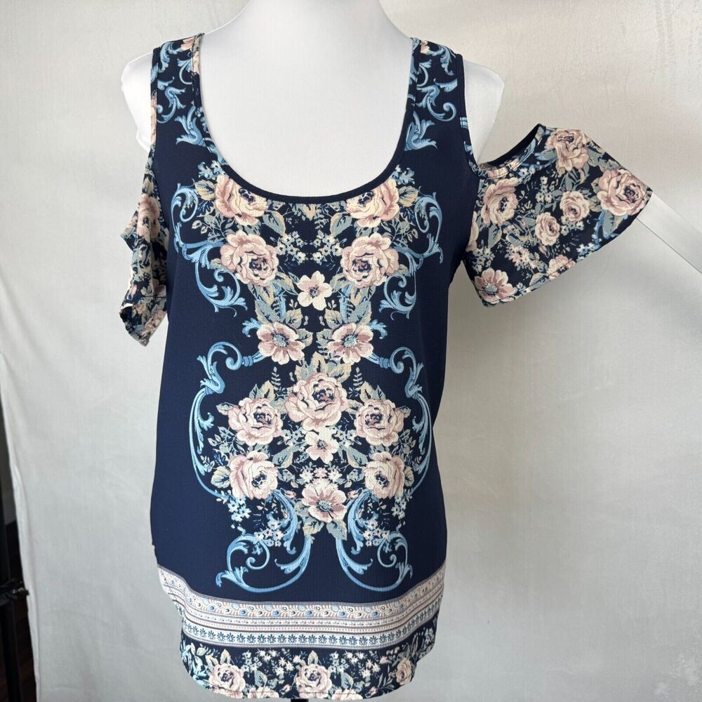 Meraki Blouse Sz M Navy Floral Print Scoop Neckline Cold Shoulder Back Keyhole