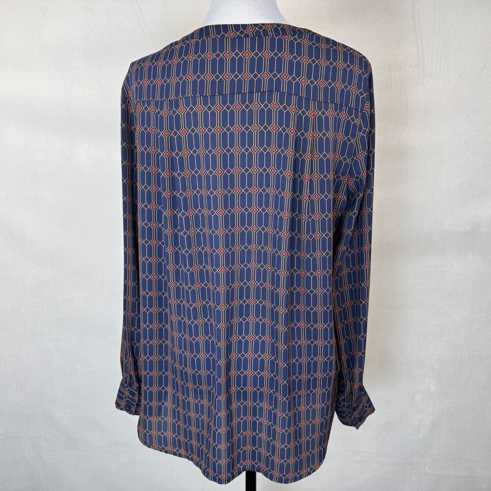 Pleione Women Blouse Sz L Blue Red Split Neckline Button Front Long Sleeves