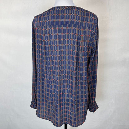 Pleione Women Blouse Sz L Blue Red Split Neckline Button Front Long Sleeves
