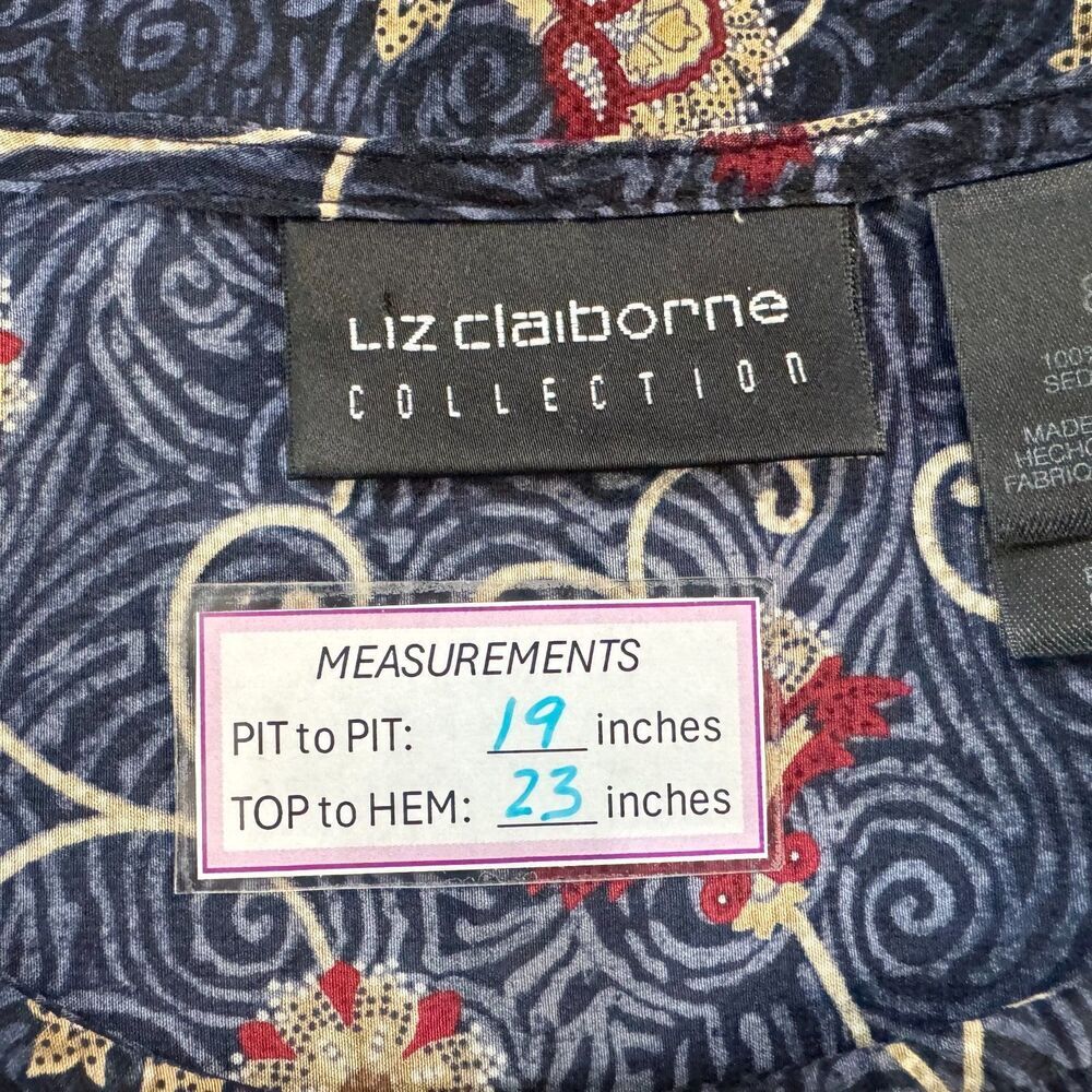 Liz Claiborne Women Sz 8 Silk Scoop Neck Black Blue Floral Print Short Sleeve