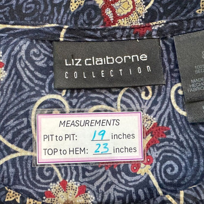 Liz Claiborne Women Sz 8 Silk Scoop Neck Black Blue Floral Print Short Sleeve