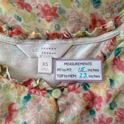 LC Lauren Conrad Top Sz XS Sheer Ivory Floral Ruffled Crew Neck Front Keyhole