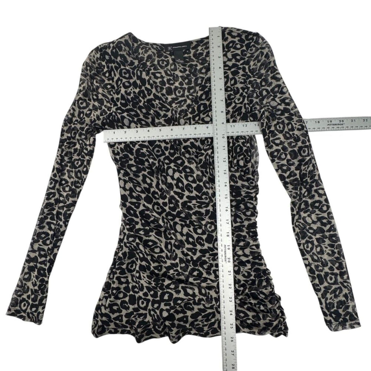 INC International Concepts Women M Top Ruched Mesh Animal Print Faux Wrap Neck