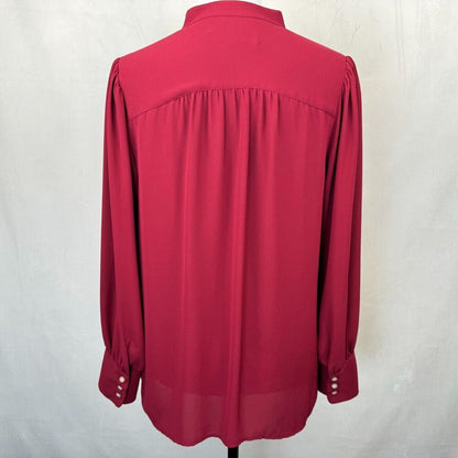 LOFT Women Top Sz S Burgundy Collarless Button Down Shirt Long Cuffed Sleeve