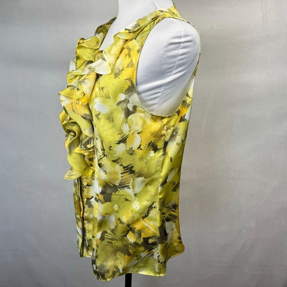 Anne Klein Blouse Sz M Yellow Ruffle VNeck Collar Sleeveless  Button Up Colorful