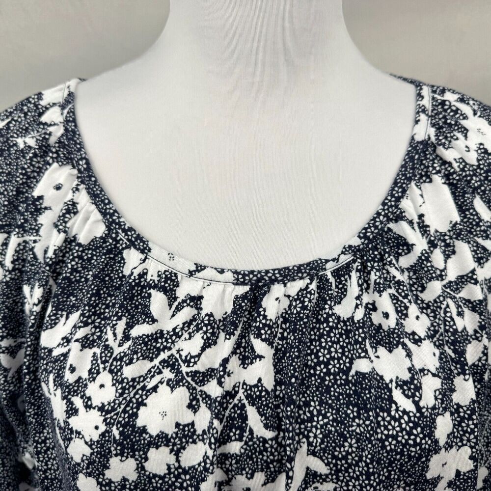 Michael Kors White Floral Peasant Blouse Blue Sz M Round Neck 3/4 Peplum Sleeve