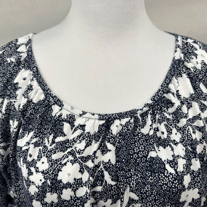 Michael Kors White Floral Peasant Blouse Blue Sz M Round Neck 3/4 Peplum Sleeve