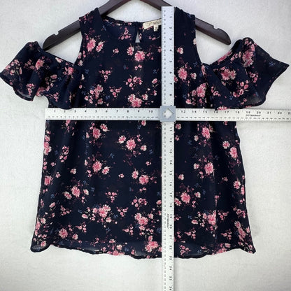 Rewind Top Women Sz Medium Sheer Navy Blue floral print Round Neck Off Shoulder
