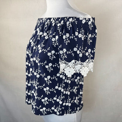 Roommates Sz S Navy Off The Shoulder Cropped Embroidered Short Sleeve Lace Trim