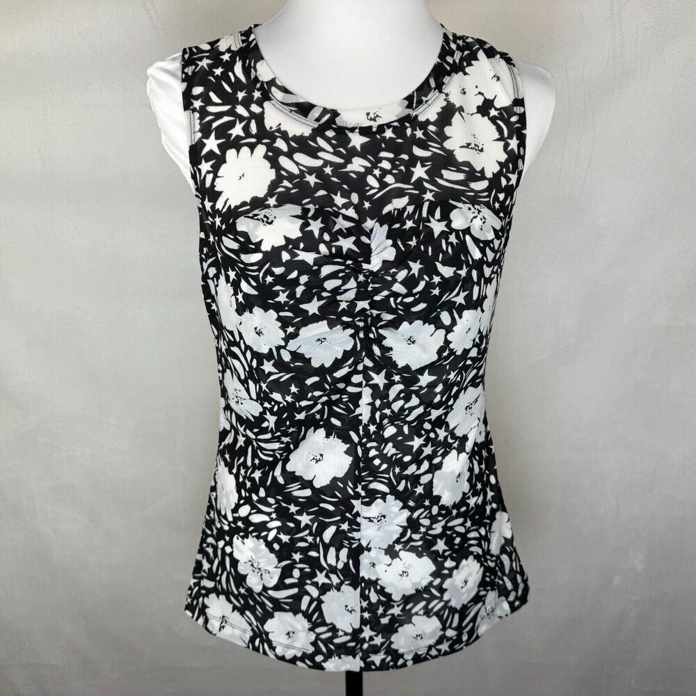 Cabi Women Top Sz S Stretch Mesh Black Floral Print Ruched Front Center