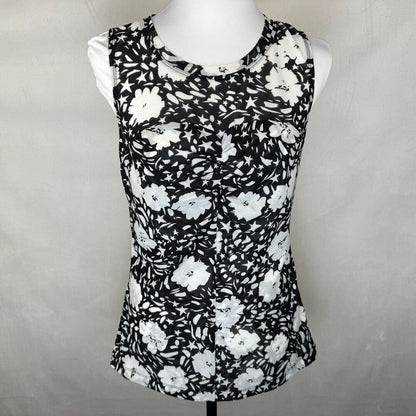 Cabi Women Top Sz S Stretch Mesh Black Floral Print Ruched Front Center