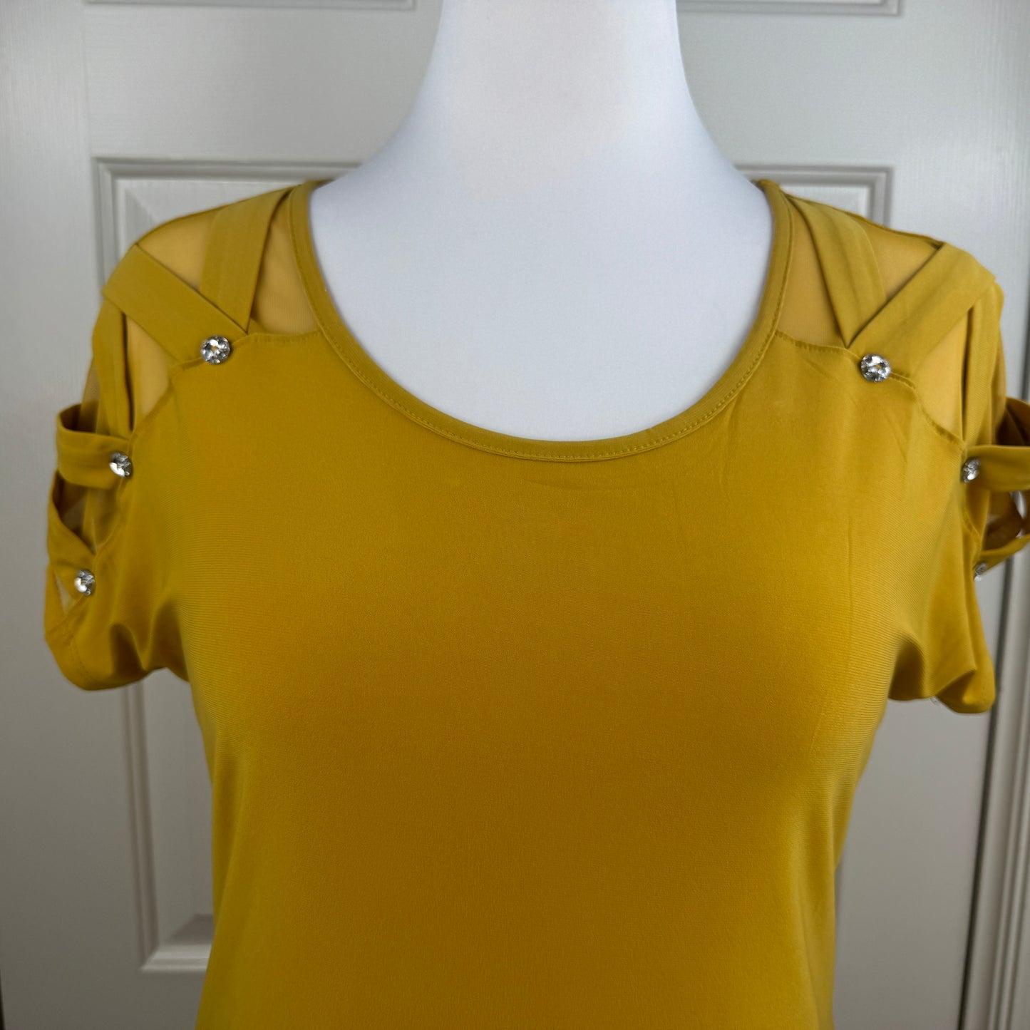 Adele & May Women’s Small Mustard Yellow Rhinestone Cutout Sleeve Top NWT
