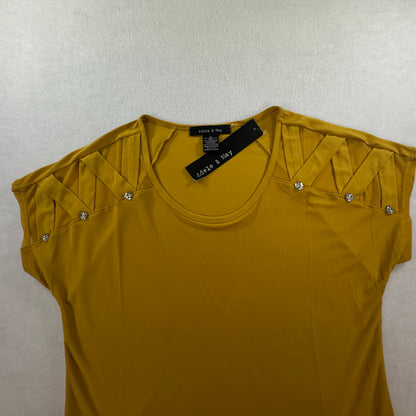Adele & May Women’s Small Mustard Yellow Rhinestone Cutout Sleeve Top NWT