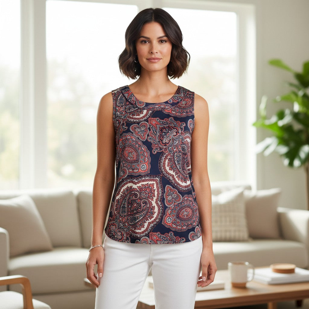 A woman stands in a bright living room wearing a sleeveless top with a navy blue paisley pattern in red, beige, and white, paired with white pants.