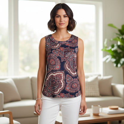 A woman stands in a bright living room wearing a sleeveless top with a navy blue paisley pattern in red, beige, and white, paired with white pants.
