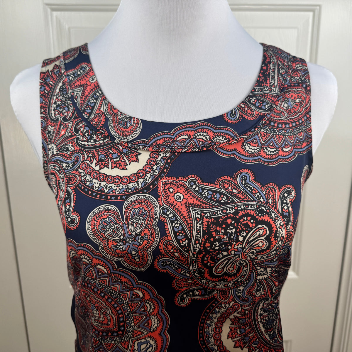 Ann Taylor Petite Women's Paisley Sleeveless Blouse Navy Coral Size XSP
