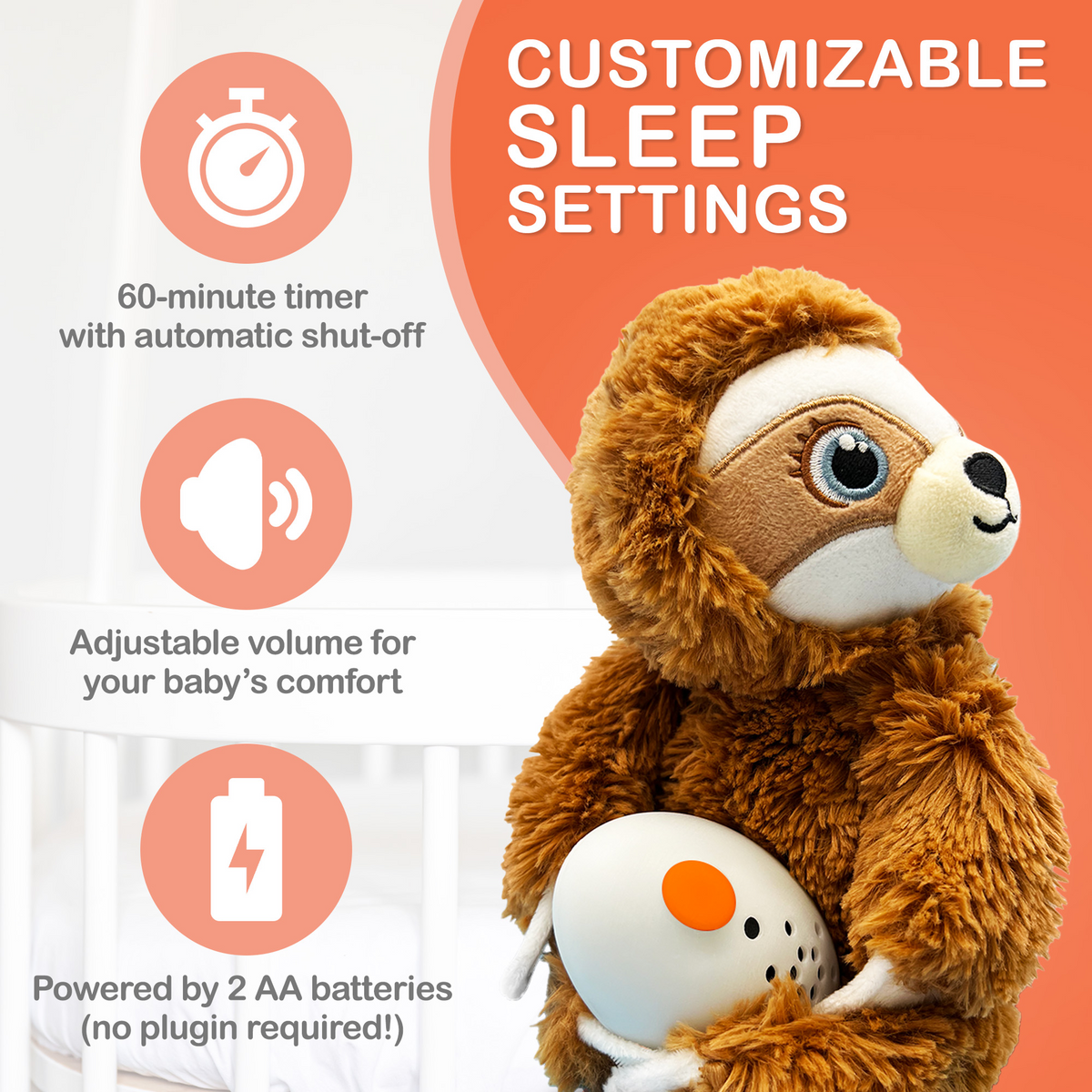 Baby Shusher Sloth Plush Sound Machine with Smart Cry Detection