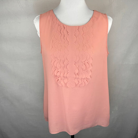 Front view of Banana Republic Peach sleeveless top on a mannequin against a gray background