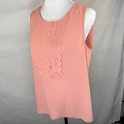 Side view of Banana republic Pink sleeveless top with scallop details on a mannequin against a gray background