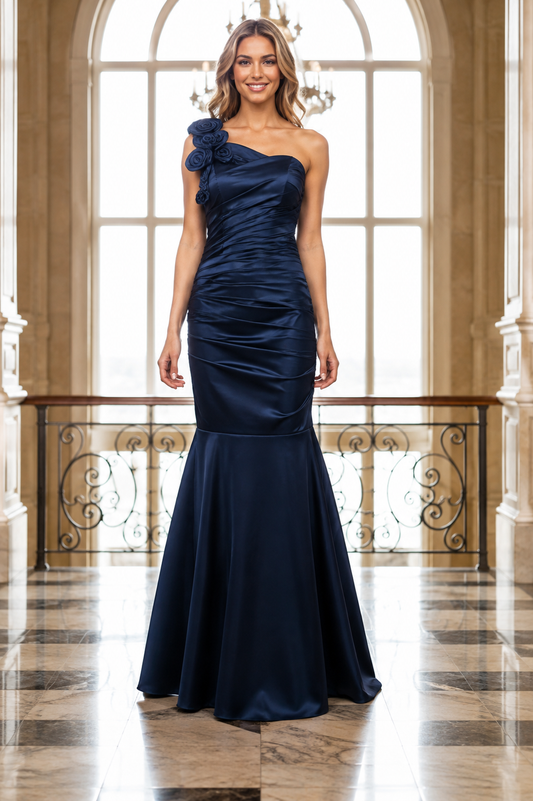 Cache Navy Blue One Shoulder Mermaid Formal Gown Sz 10 Satin Evening Prom Dress