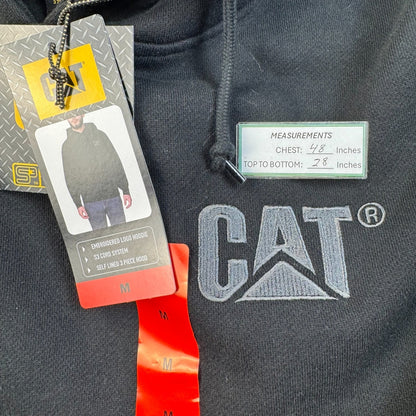 Measurements and logo view on CAT black hoodie size m