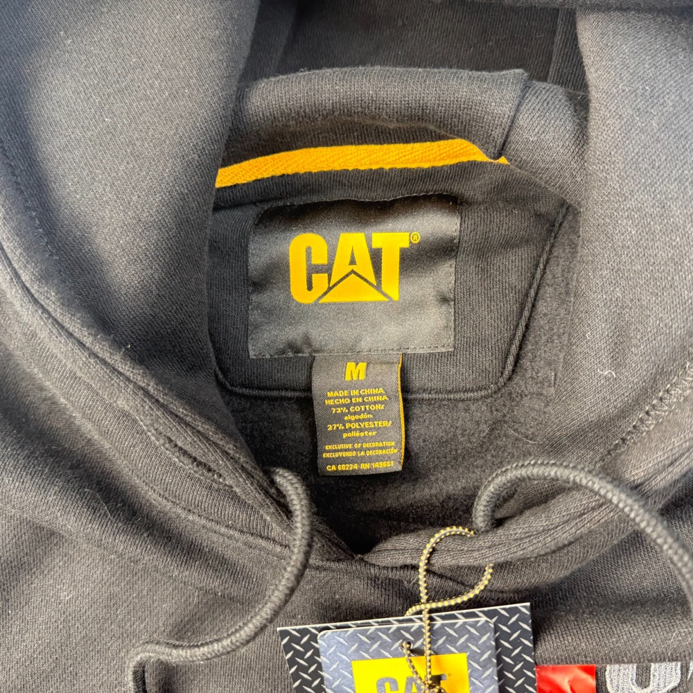 Clothing tag view of CAT black hoodie with logo on gray size m