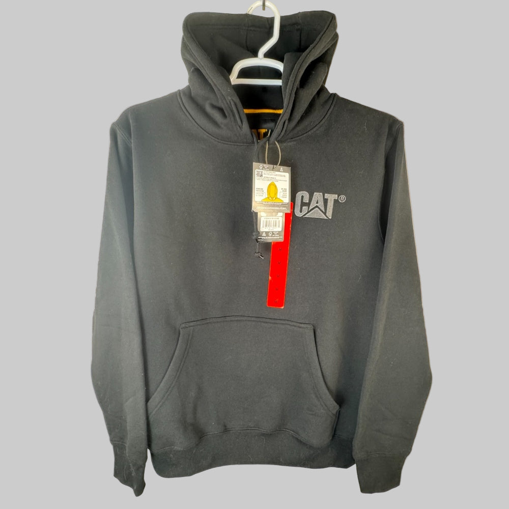 Front view of CAT hoodie with a brand tag on a white background size m