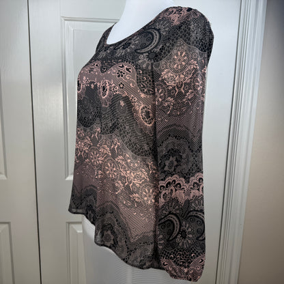 Charming Charlie Paisley Crisscross Back Long Sleeve Blouse Pink Black S