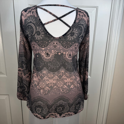 Charming Charlie Paisley Crisscross Back Long Sleeve Blouse Pink Black S
