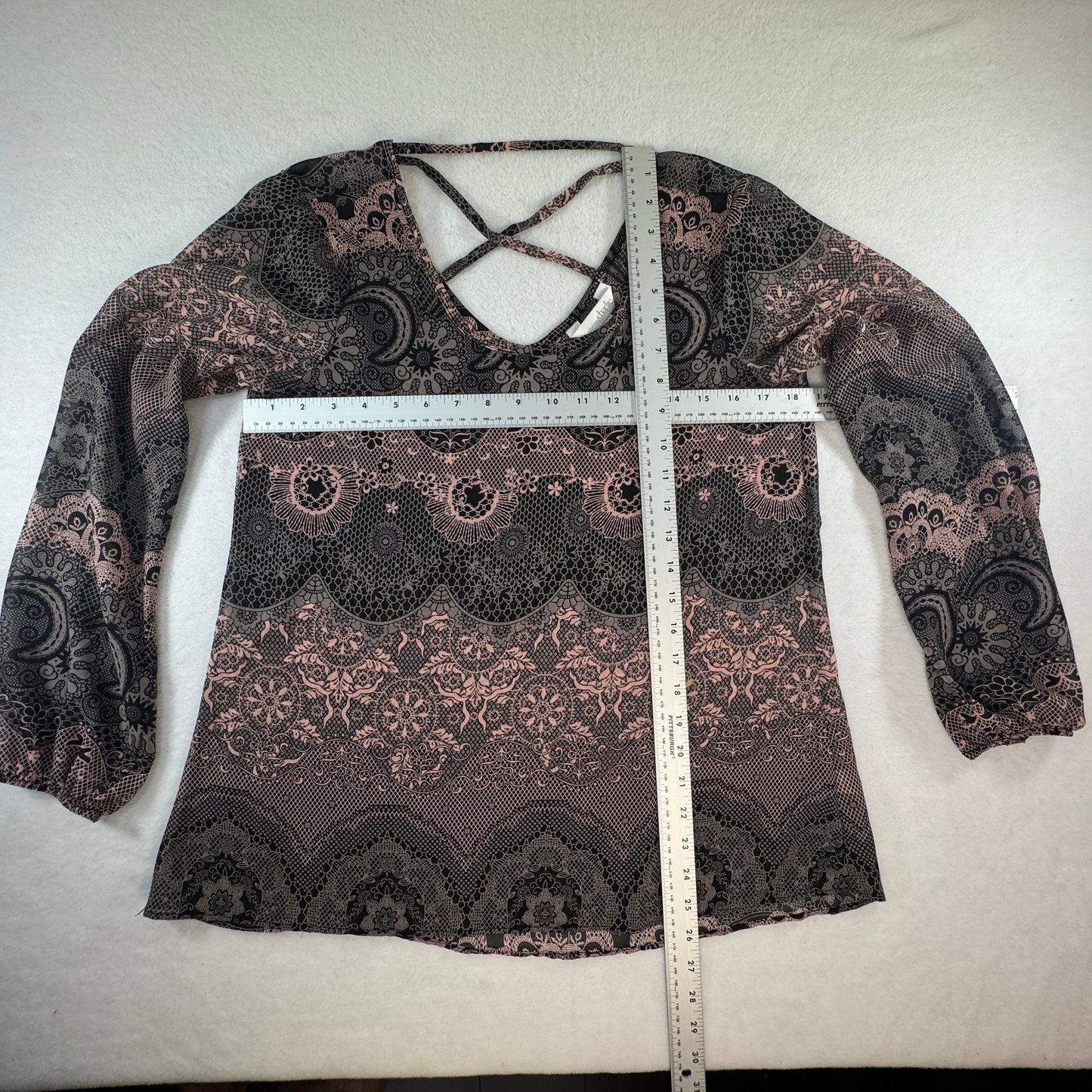 Charming Charlie Paisley Crisscross Back Long Sleeve Blouse Pink Black S