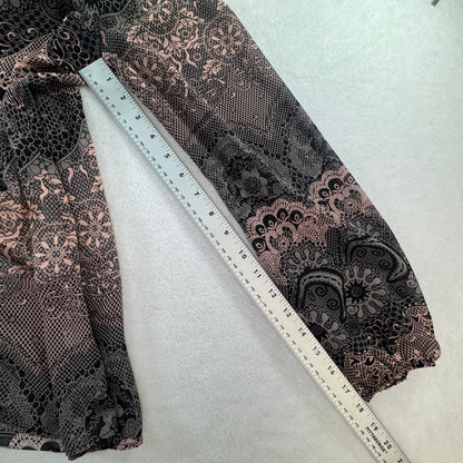 Charming Charlie Paisley Crisscross Back Long Sleeve Blouse Pink Black S