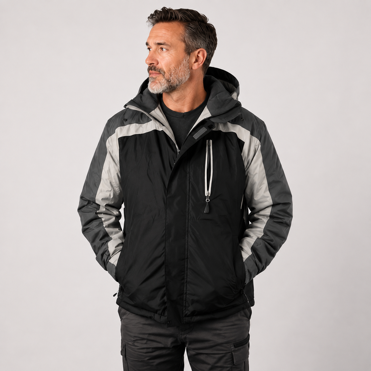 A man wearing a black and gray hooded ski jacket, standing against a light gray studio background.