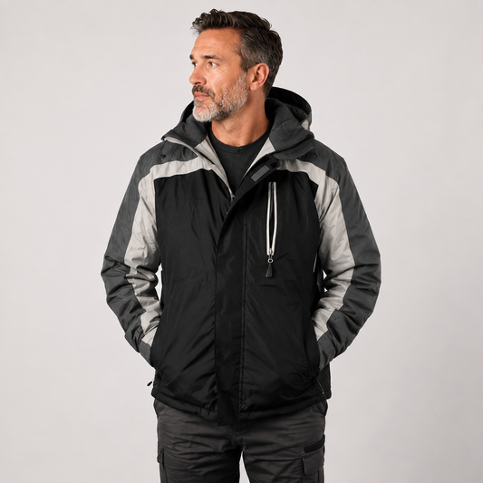 A man wearing a black and gray hooded ski jacket, standing against a light gray studio background.