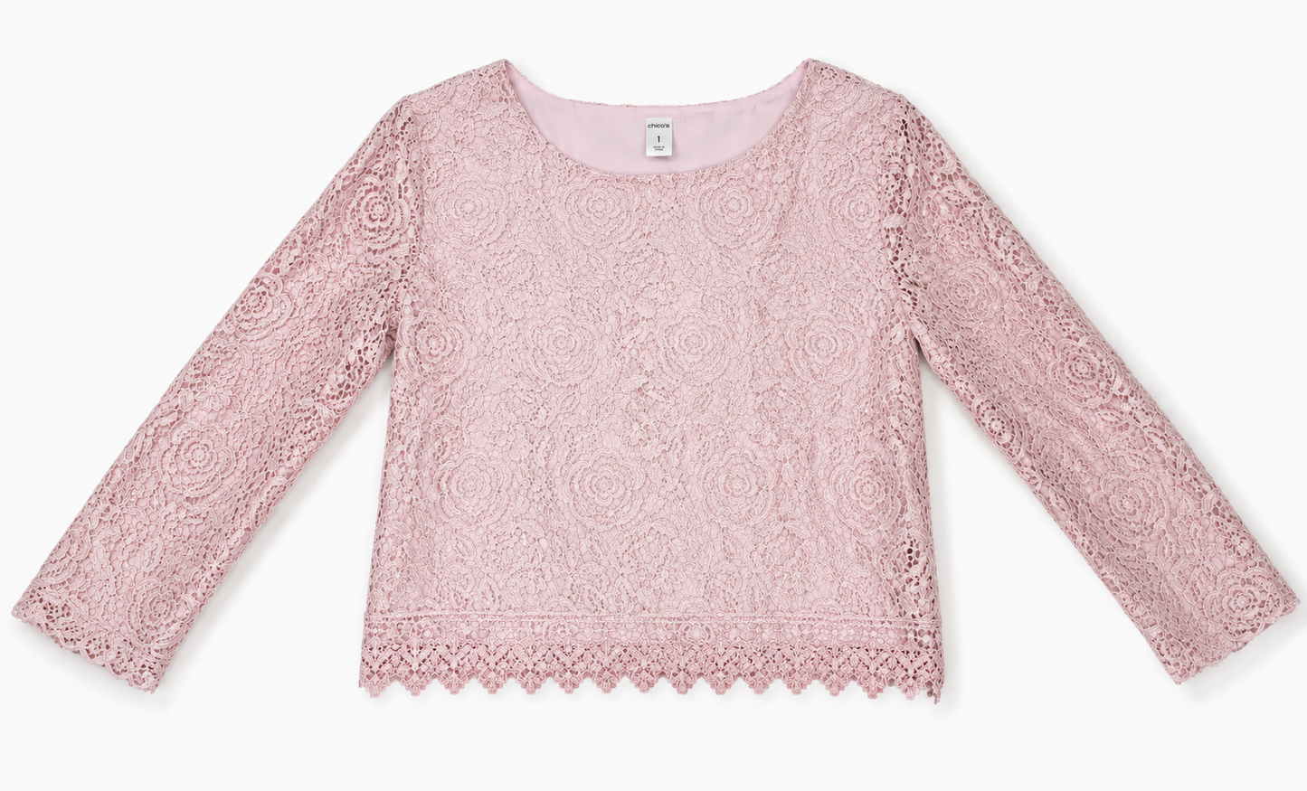 A light pink long-sleeve lace top with a round neckline and scalloped hem, laid flat against a white background.