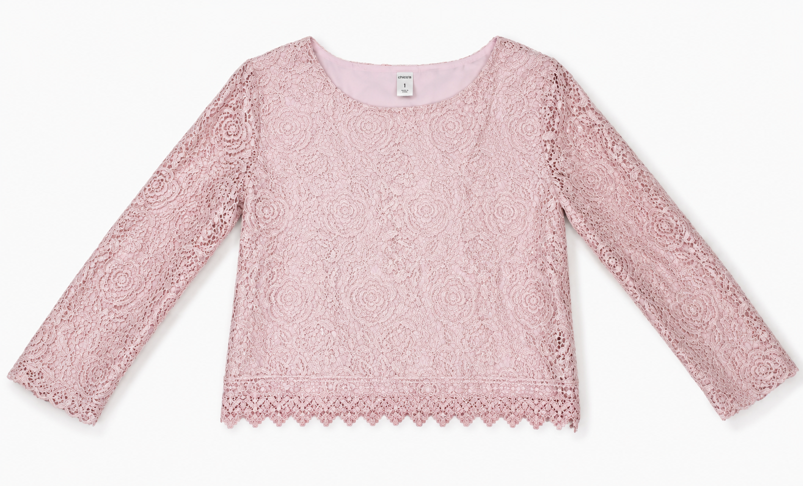 A light pink long-sleeve lace top with a round neckline and scalloped hem, laid flat against a white background.