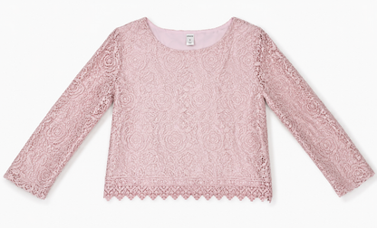 A light pink long-sleeve lace top with a round neckline and scalloped hem, laid flat against a white background.