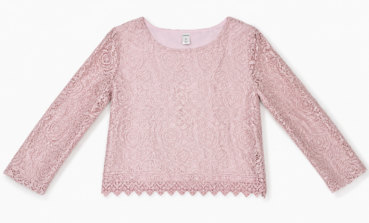 A light pink long-sleeve lace top with a round neckline and scalloped hem, laid flat against a white background.